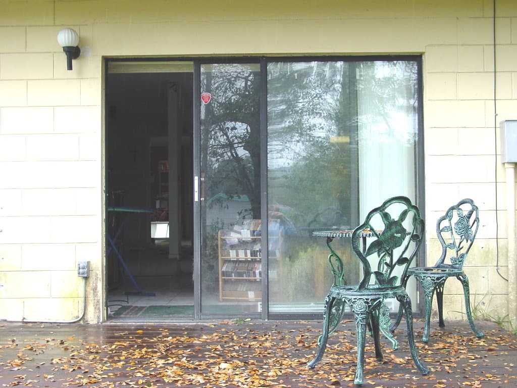 Older aluminium-framed sliding glass door looking onto a garden